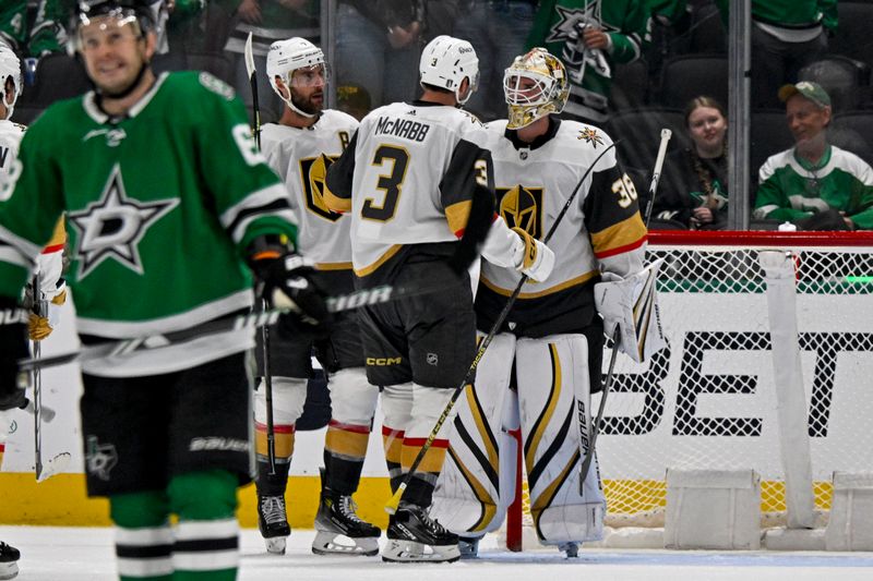 Apr 24, 2024; Dallas, Texas, USA; Vegas Golden Knights center Tomas Hertl (48) and goaltender Logan Thompson (36) and defenseman Chris Tanev (3) celebrate the win over the Dallas Stars in game two of the first round of the 2024 Stanley Cup Playoffs at American Airlines Center. Mandatory Credit: Jerome Miron-USA TODAY Sports