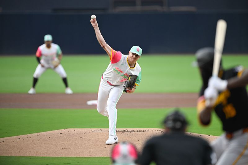 May 30, 2025; San Diego, California, USA; San Diego Padres starting pitcher Nick Pivetta (27) delivers during the first inning against the Pittsburgh Pirates at Petco Park. Mandatory Credit: Denis Poroy-Imagn Images