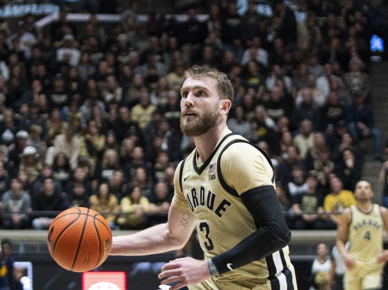 Dec 29, 2025; West Lafayette, Indiana, USA; Purdue Boilermakers guard Braden Smith (3) dribbles the ball on a breakaway during the second half against the Kent State Golden Flashes at Mackey Arena. Mandatory Credit: Jacob Musselman-Imagn Images