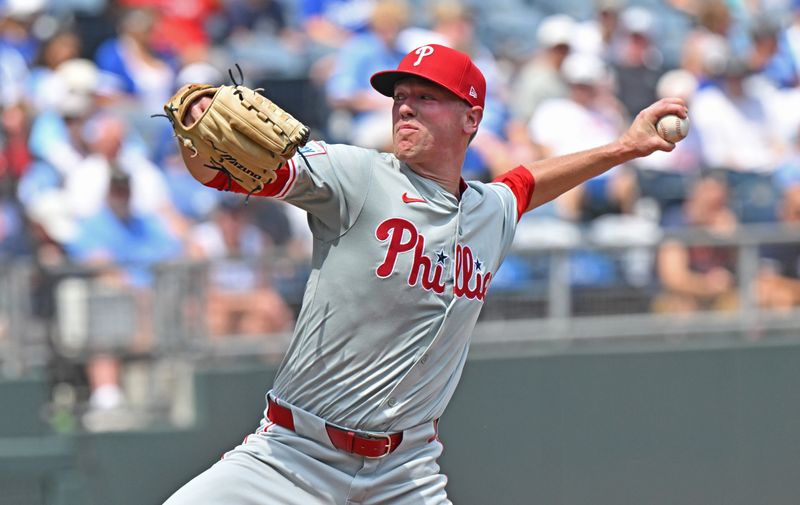 Aug 25, 2024; Kansas City, Missouri, USA;  Philadelphia Phillies starting pitcher Kolby Allard (49) delivers a pitch in the first inning against the Kansas City Royals at Kauffman Stadium. Mandatory Credit: Peter Aiken-USA TODAY Sports