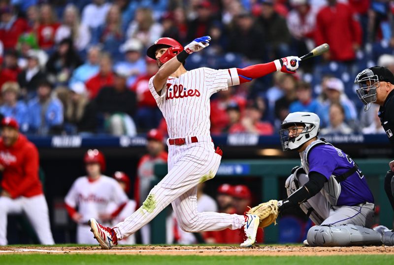 Apr 17, 2024; Philadelphia, Pennsylvania, USA; Philadelphia Phillies shortstop Trea Turner (7) hits a home run against the Colorado Rockies in the first inning at Citizens Bank Park. Mandatory Credit: Kyle Ross-USA TODAY Sports