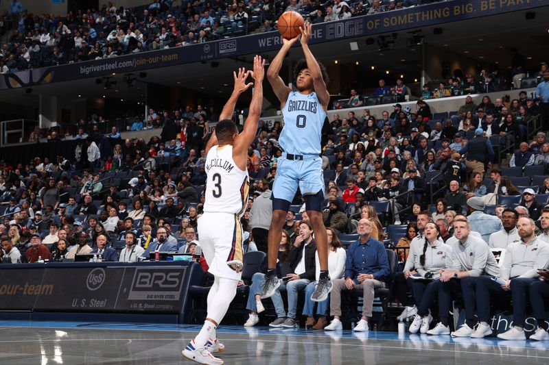 MEMPHIS, TN - NOVEMBER 29: Jaylen Wells #0 of the Memphis Grizzlies shoots the ball during the game against the New Orleans Pelicans during the Emirates NBA Cup game on November 29, 2024 at FedExForum in Memphis, Tennessee. NOTE TO USER: User expressly acknowledges and agrees that, by downloading and or using this photograph, User is consenting to the terms and conditions of the Getty Images License Agreement. Mandatory Copyright Notice: Copyright 2024 NBAE (Photo by Joe Murphy/NBAE via Getty Images)