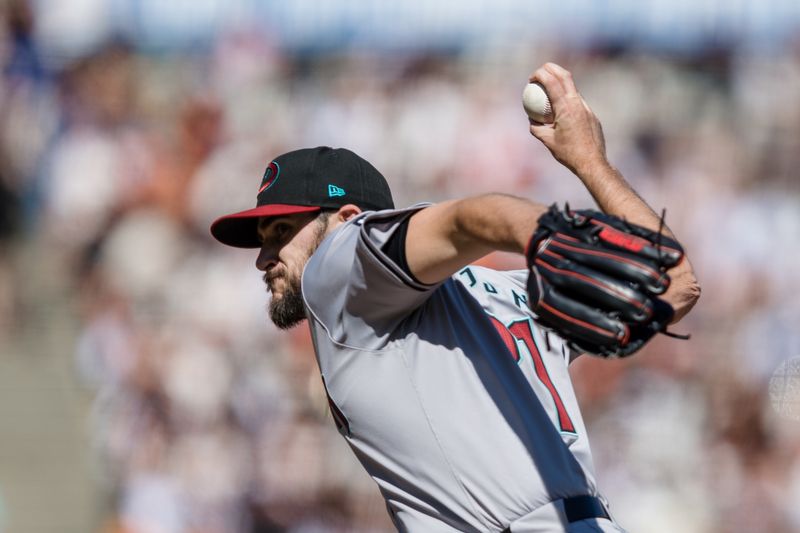 Apr 21, 2024; San Francisco, California, USA;  Arizona Diamondbacks pitcher Ryan Thompson (81) throws against the San Francisco Giants during the eighth inning at Oracle Park. Mandatory Credit: John Hefti-USA TODAY Sports