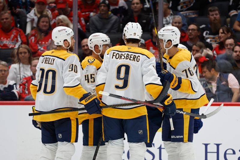 Nov 6, 2024; Washington, District of Columbia, USA; Nashville Predators center Steven Stamkos (91) celebrates with teammates after scoring a goal against the Washington Capitals in the second period at Capital One Arena. Mandatory Credit: Geoff Burke-Imagn Images