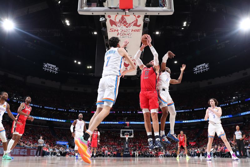 NEW ORLEANS, LA - APRIL 27: Jonas Valanciunas #17 of the New Orleans Pelicans drives to the basket during the game against the Oklahoma City Thunder during Round 1 Game 3 of the 2024 NBA Playoffs on April 27, 2024 at the Smoothie King Center in New Orleans, Louisiana. NOTE TO USER: User expressly acknowledges and agrees that, by downloading and or using this Photograph, user is consenting to the terms and conditions of the Getty Images License Agreement. Mandatory Copyright Notice: Copyright 2024 NBAE (Photo by Jeff Haynes/NBAE via Getty Images)