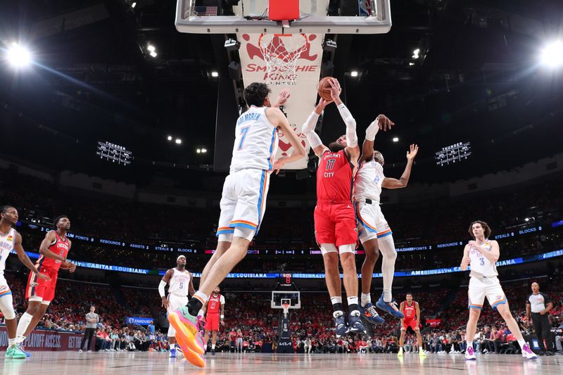 NEW ORLEANS, LA - APRIL 27: Jonas Valanciunas #17 of the New Orleans Pelicans drives to the basket during the game against the Oklahoma City Thunder during Round 1 Game 3 of the 2024 NBA Playoffs on April 27, 2024 at the Smoothie King Center in New Orleans, Louisiana. NOTE TO USER: User expressly acknowledges and agrees that, by downloading and or using this Photograph, user is consenting to the terms and conditions of the Getty Images License Agreement. Mandatory Copyright Notice: Copyright 2024 NBAE (Photo by Jeff Haynes/NBAE via Getty Images)