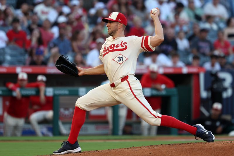 Aug 2, 2024; Anaheim, California, USA;  Los Angeles Angels starting pitcher Tyler Anderson (31) pitches during the second inning against the New York Mets at Angel Stadium. Mandatory Credit: Kiyoshi Mio-USA TODAY Sports