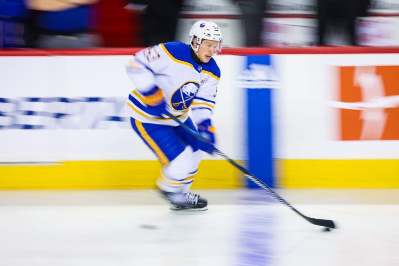 Mar 24, 2024; Calgary, Alberta, CAN; Buffalo Sabres left wing Jeff Skinner (53) skates with the puck during the warmup period against the Calgary Flames at Scotiabank Saddledome. Mandatory Credit: Sergei Belski-USA TODAY Sports