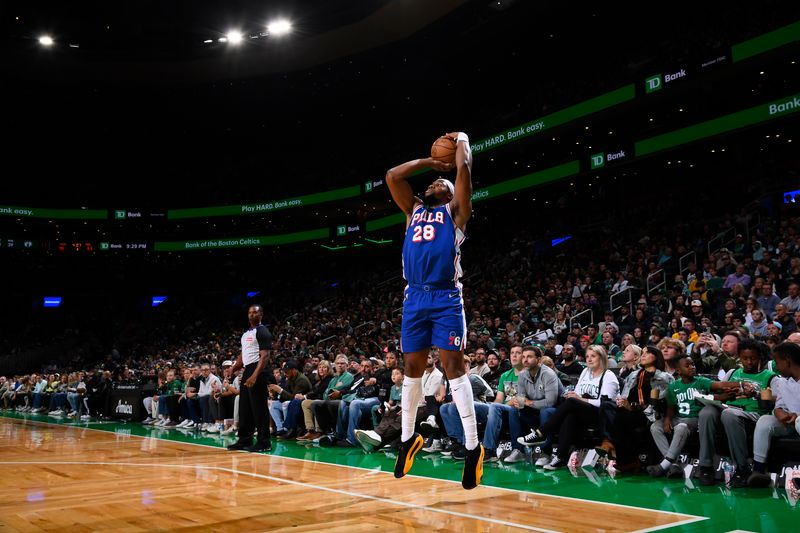 BOSTON, MA - OCTOBER 12: Guerschon Yabusele #28 of the Philadelphia 76ers shoots a three point basket during the game against the Boston Celtics during a NBA Preseason game on October 12, 2024 at TD Garden in Boston, Massachusetts. NOTE TO USER: User expressly acknowledges and agrees that, by downloading and/or using this Photograph, user is consenting to the terms and conditions of the Getty Images License Agreement. Mandatory Copyright Notice: Copyright 2024 NBAE (Photo by Brian Babineau/NBAE via Getty Images)