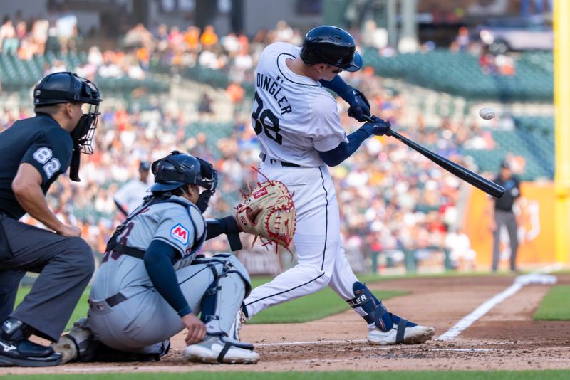 Jul 29, 2024; Detroit, Michigan, USA; Detroit Tigers catcher Dillion Dingler (38) fouls off a pitch in his first MLB at bat in the second inning against the Cleveland Guardians at Comerica Park. Mandatory Credit: David Reginek-USA TODAY Sports