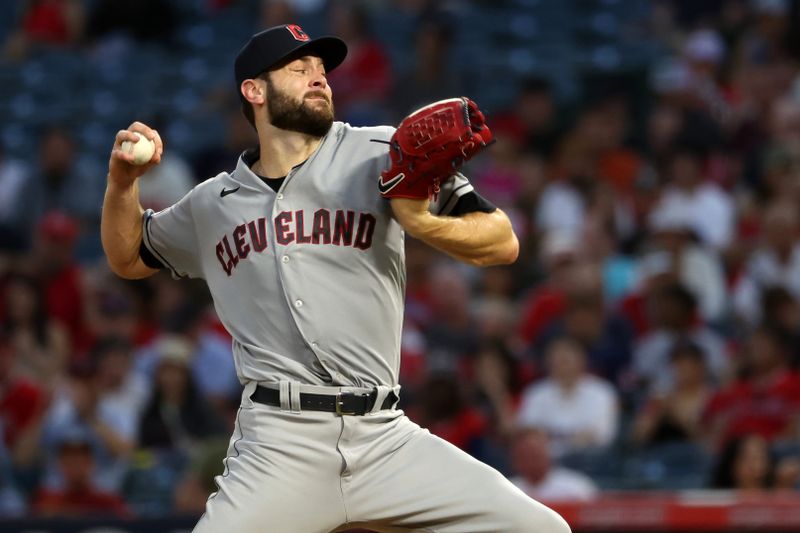 Sep 9, 2023; Anaheim, California, USA;  Cleveland Guardians starting pitcher Lucas Giolito (27) pitches during the fourth inning against the Los Angeles Angels at Angel Stadium. Mandatory Credit: Kiyoshi Mio-USA TODAY Sports