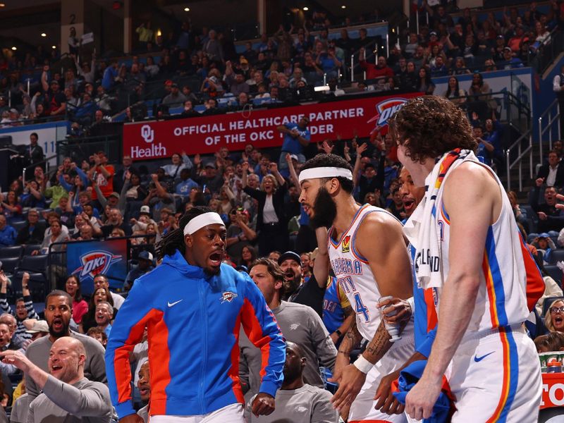 OKLAHOMA CITY, OK - FEBRUARY 23: Luguentz Dort #5 of the Oklahoma City Thunder celebrates three point basket during the game against the Washington Wizards on February 23, 2024 at Paycom Arena in Oklahoma City, Oklahoma. NOTE TO USER: User expressly acknowledges and agrees that, by downloading and or using this photograph, User is consenting to the terms and conditions of the Getty Images License Agreement. Mandatory Copyright Notice: Copyright 2024 NBAE (Photo by Zach Beeker/NBAE via Getty Images)