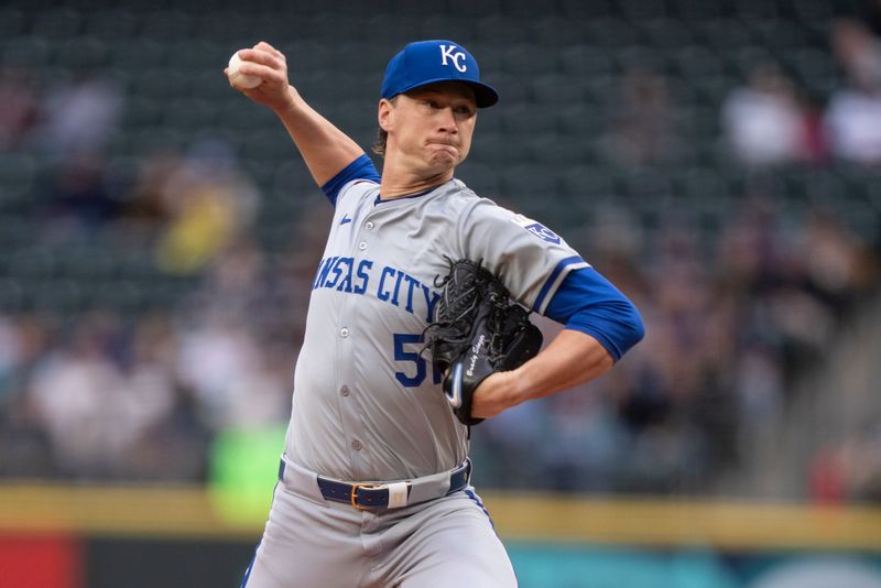 May 13, 2024; Seattle, Washington, USA; Kansas City Royals starter Brady Singer (51) delivers a pitch during the first inning against the Seattle Mariners at T-Mobile Park. Mandatory Credit: Stephen Brashear-USA TODAY Sports