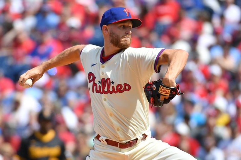 Apr 14, 2024; Philadelphia, Pennsylvania, USA; Philadelphia Phillies pitcher Zack Wheeler (45) throws a pitch during the second inning against the Pittsburgh Pirates at Citizens Bank Park. Mandatory Credit: Eric Hartline-USA TODAY Sports