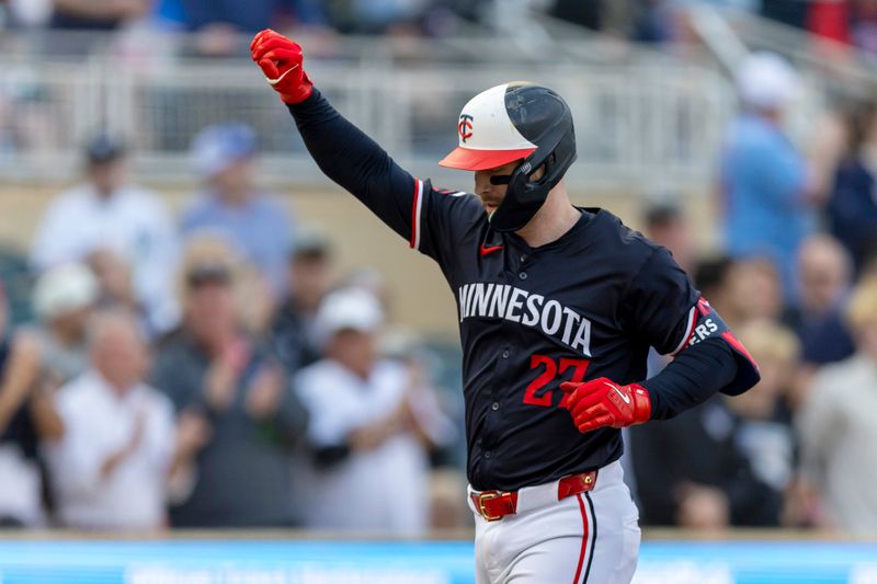 May 14, 2024; Minneapolis, Minnesota, USA; Minnesota Twins designated hitter Ryan Jeffers (27) celebrates hitting a solo home run against the Minnesota Twins in the first inning at Target Field. Mandatory Credit: Jesse Johnson-USA TODAY Sports