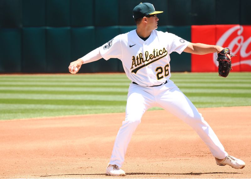 May 31, 2023; Oakland, California, USA; Oakland Athletics third baseman Jonah Bride (26) throws the ball to first base against the Atlanta Braves during the fourth inning at Oakland-Alameda County Coliseum. Mandatory Credit: Kelley L Cox-USA TODAY Sports