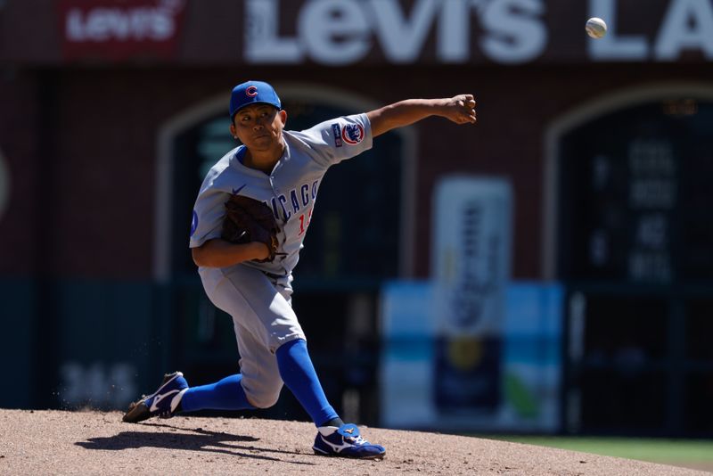 Aug 28, 2025; San Francisco, California, USA; Chicago Cubs starting pitcher Shota Imanaga (18) throws a pitch during the first inning against the San Francisco Giants at Oracle Park. Mandatory Credit: Sergio Estrada-Imagn Images