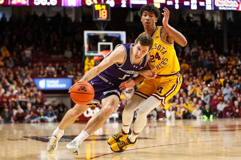 Feb 3, 2024; Minneapolis, Minnesota, USA; Northwestern Wildcats guard Ryan Langborg (5) works around Minnesota Golden Gophers guard Cam Christie (24) during overtime at Williams Arena. Mandatory Credit: Matt Krohn-USA TODAY Sports