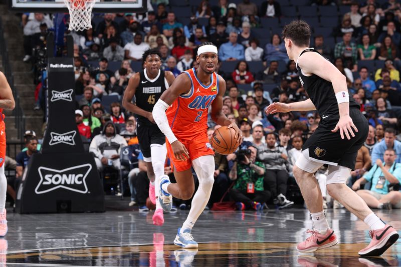 MEMPHIS, TN - MARCH 16:  Shai Gilgeous-Alexander #2 of the Oklahoma City Thunder handles the ball during the game against the Memphis Grizzlies on March 16, 2024 at FedExForum in Memphis, Tennessee. NOTE TO USER: User expressly acknowledges and agrees that, by downloading and or using this photograph, User is consenting to the terms and conditions of the Getty Images License Agreement. Mandatory Copyright Notice: Copyright 2024 NBAE (Photo by Joe Murphy/NBAE via Getty Images)