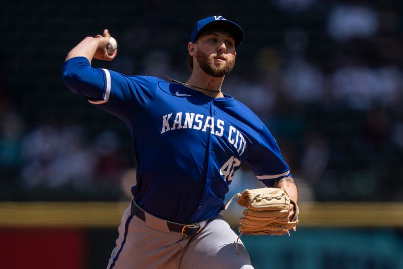 May 15, 2024; Seattle, Washington, USA; Kansas City Royals starter Alec Marsh (48) delivers a pitch during the first inning against the Seattle Mariners at T-Mobile Park. Mandatory Credit: Stephen Brashear-USA TODAY Sports