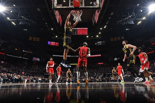 SAN FRANCISCO, CA - DECEMBER 23: Trayce Jackson-Davis #32 of the Golden State Warriors  dunks the ball during the game against the Portland Trail Blazers on December 23, 2023 at Chase Center in San Francisco, California. NOTE TO USER: User expressly acknowledges and agrees that, by downloading and or using this photograph, user is consenting to the terms and conditions of Getty Images License Agreement. Mandatory Copyright Notice: Copyright 2023 NBAE (Photo by Noah Graham/NBAE via Getty Images)