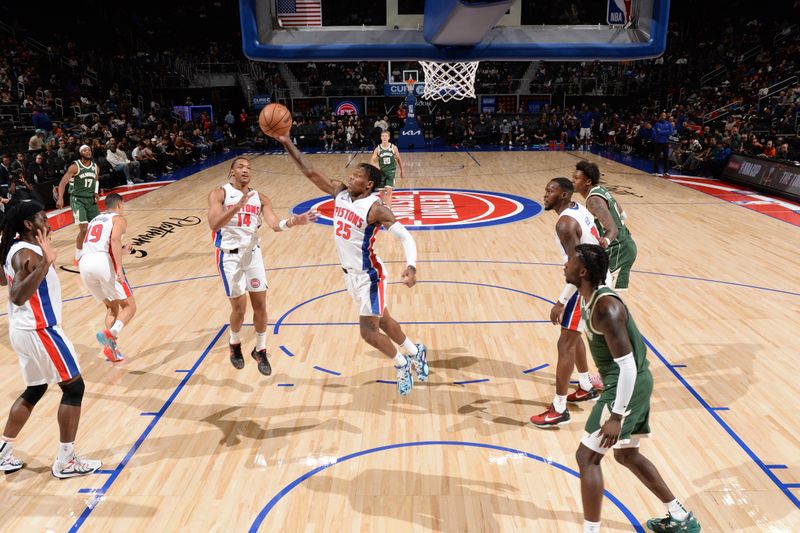 DETROIT, MI - OCTOBER 6: Marcus Sasser #25 of the Detroit Pistons rebounds the ball during the game against the Milwaukee Bucks during a NBA preseason game on October 6, 2024 at Little Caesars Arena in Detroit, Michigan. NOTE TO USER: User expressly acknowledges and agrees that, by downloading and/or using this photograph, User is consenting to the terms and conditions of the Getty Images License Agreement. Mandatory Copyright Notice: Copyright 2024 NBAE (Photo by Chris Schwegler/NBAE via Getty Images)