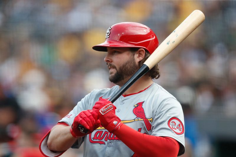 Jul 23, 2024; Pittsburgh, Pennsylvania, USA;  St. Louis Cardinals designated hitter Alec Burleson (41) in the on deck circle against the Pittsburgh Pirates during the first inning at PNC Park. Mandatory Credit: Charles LeClaire-USA TODAY Sports