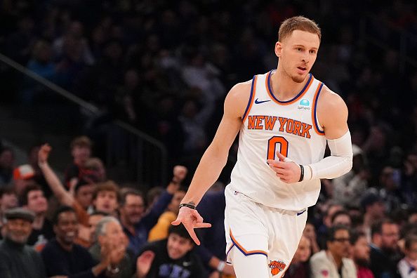 NEW YORK, NEW YORK - JANUARY 1: Donte DiVincenzo #0 of the New York Knicks reacts against the Minnesota Timberwolves in the first half at Madison Square Garden on January 1, 2024 in New York City. The Knicks defeated the Timberwolves 112-106. NOTE TO USER: User expressly acknowledges and agrees that, by downloading and or using this photograph, User is consenting to the terms and conditions of the Getty Images License Agreement. (Photo by Mitchell Leff/Getty Images)