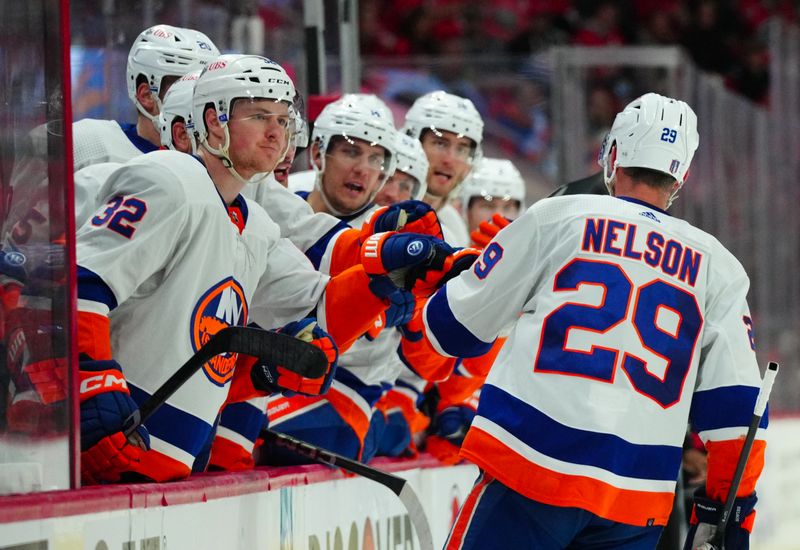 Apr 30, 2024; Raleigh, North Carolina, USA; New York Islanders center Brock Nelson (29) celebrates his goal against the Carolina Hurricanes during the first period in game five of the first round of the 2024 Stanley Cup Playoffs at PNC Arena. Mandatory Credit: James Guillory-USA TODAY Sports