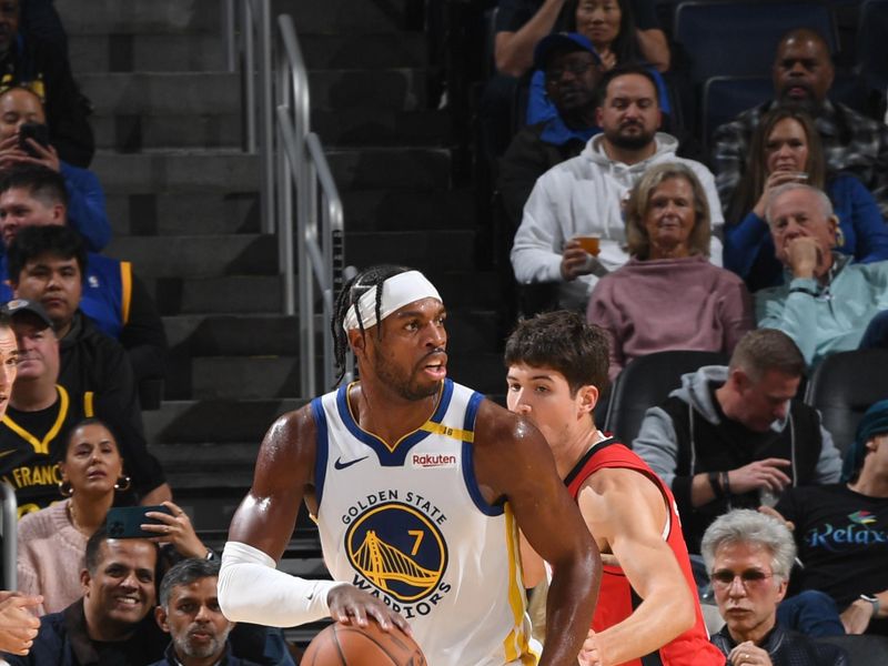 SAN FRANCISCO, CA - DECEMBER 5: Buddy Hield #7 of the Golden State Warriors dribbles the ball during the game against the Houston Rockets on December 5, 2024 at Chase Center in San Francisco, California. NOTE TO USER: User expressly acknowledges and agrees that, by downloading and or using this photograph, user is consenting to the terms and conditions of Getty Images License Agreement. Mandatory Copyright Notice: Copyright 2024 NBAE (Photo by Noah Graham/NBAE via Getty Images)