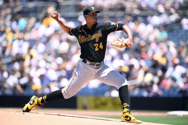 Jul 26, 2023; San Diego, California, USA; Pittsburgh Pirates starting pitcher Johan Oviedo (24) throws a pitch against the San Diego Padres during the first inning at Petco Park. Mandatory Credit: Orlando Ramirez-USA TODAY Sports