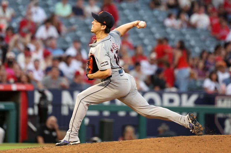 Jun 28, 2024; Anaheim, California, USA;  Detroit Tigers starting pitcher Kenta Maeda (18) pitches during the fifth inning against the Los Angeles Angels at Angel Stadium. Mandatory Credit: Kiyoshi Mio-USA TODAY Sports