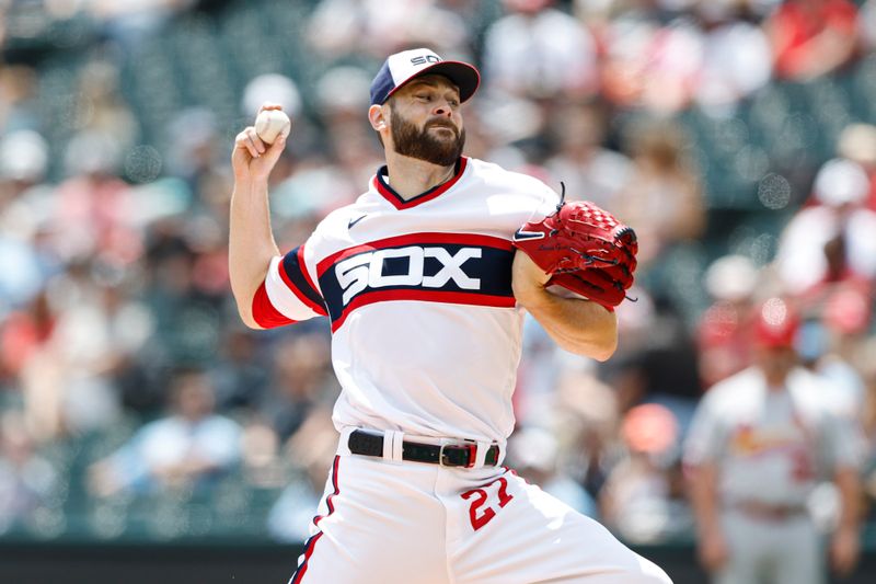 Jul 9, 2023; Chicago, Illinois, USA; Chicago White Sox starting pitcher Lucas Giolito (27) delivers a pitch against the St. Louis Cardinals during the first inning at Guaranteed Rate Field. Mandatory Credit: Kamil Krzaczynski-USA TODAY Sports