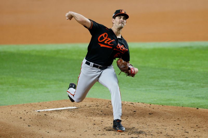 Oct 10, 2023; Arlington, Texas, USA; Baltimore Orioles starting pitcher Dean Kremer (64) during game three of the ALDS for the 2023 MLB playoffs at Globe Life Field. Mandatory Credit: Andrew Dieb-USA TODAY Sports