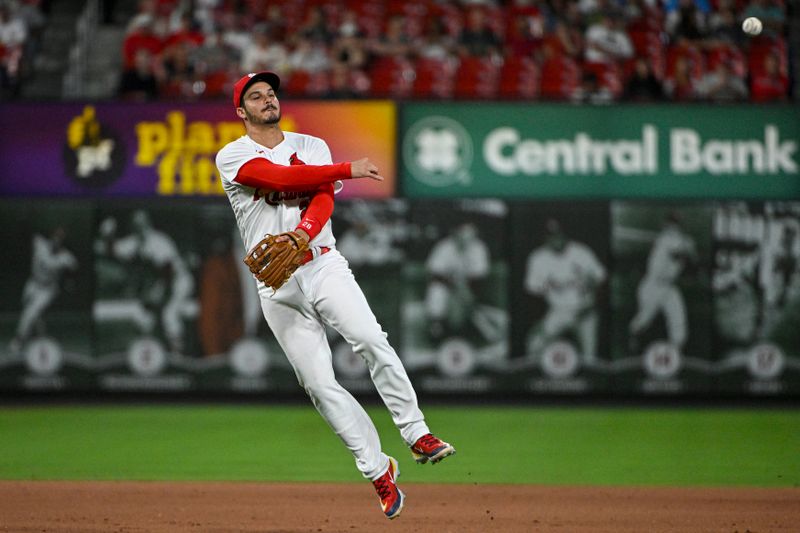 Aug 16, 2023; St. Louis, Missouri, USA;  St. Louis Cardinals third baseman Nolan Arenado (28) throws on the run against the Oakland Athletics during the ninth inning at Busch Stadium. Mandatory Credit: Jeff Curry-USA TODAY Sports