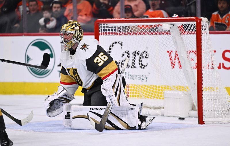 Nov 18, 2023; Philadelphia, Pennsylvania, USA; Vegas Golden Knights goalie Logan Thompson (36) allows a goal against the Philadelphia Flyers in overtime at Wells Fargo Center. Mandatory Credit: Kyle Ross-USA TODAY Sports