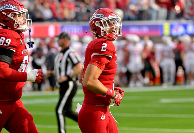 Dec 17, 2022; Inglewood, CA, USA;   Fresno State Bulldogs wide receiver Zane Pope (2) smiles after scoring a touchdown in the first half against the Washington State Cougars at SoFi Stadium. Mandatory Credit: Jayne Kamin-Oncea-USA TODAY Sports