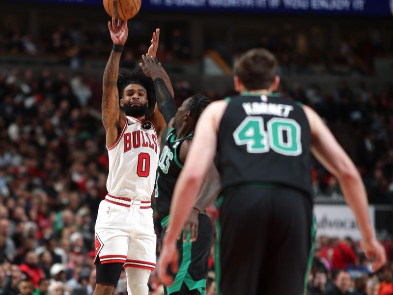 CHICAGO, IL - FEBRUARY 22: Coby White #0 of the Chicago Bulls shoots the ball during the game against the Boston Celtics on February 22, 2024 at United Center in Chicago, Illinois. NOTE TO USER: User expressly acknowledges and agrees that, by downloading and or using this photograph, User is consenting to the terms and conditions of the Getty Images License Agreement. Mandatory Copyright Notice: Copyright 2024 NBAE (Photo by Jeff Haynes/NBAE via Getty Images)