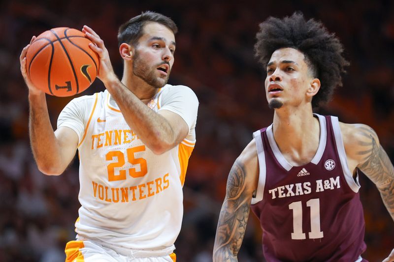 Feb 24, 2024; Knoxville, Tennessee, USA; Tennessee Volunteers guard Santiago Vescovi (25) moves the ball against Texas A&M Aggies forward Andersson Garcia (11) during the second half at Thompson-Boling Arena at Food City Center. Mandatory Credit: Randy Sartin-USA TODAY Sports