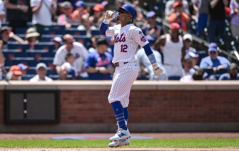 Jun 16, 2024; New York City, New York, USA; New York Mets shortstop Francisco Lindor (12) rounds the bases after hitting a solo home run against the San Diego Padres during the first inning at Citi Field. Mandatory Credit: John Jones-USA TODAY Sports