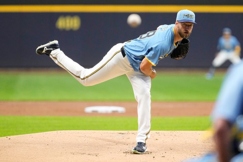 Jun 28, 2024; Milwaukee, Wisconsin, USA;  Milwaukee Brewers pitcher Colin Rea (48) throws a pitch during the first inning against the Chicago Cubs at American Family Field. Mandatory Credit: Jeff Hanisch-USA TODAY Sports