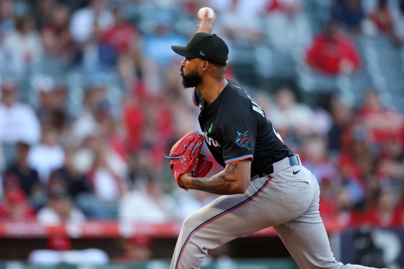 May 23, 2025; Anaheim, California, USA;  Miami Marlins starting pitcher Sandy Alcantara (22) pitches during the first inning against the Los Angeles Angels at Angel Stadium. Mandatory Credit: Kiyoshi Mio-Imagn Images