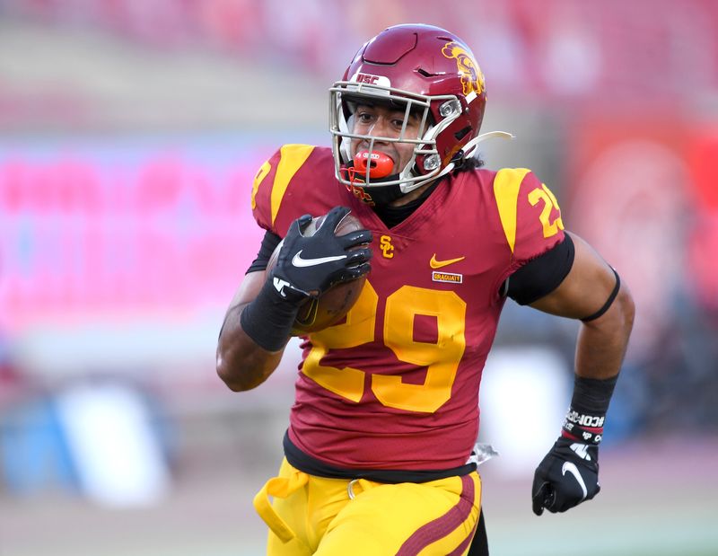 Dec 6, 2020; Los Angeles, California, USA;   USC Trojans running back Vavae Malepeai (29) warms up before the game on United Airlines Field at the Los Angeles Memorial Coliseum. Mandatory Credit: Jayne Kamin-Oncea-USA TODAY Sports