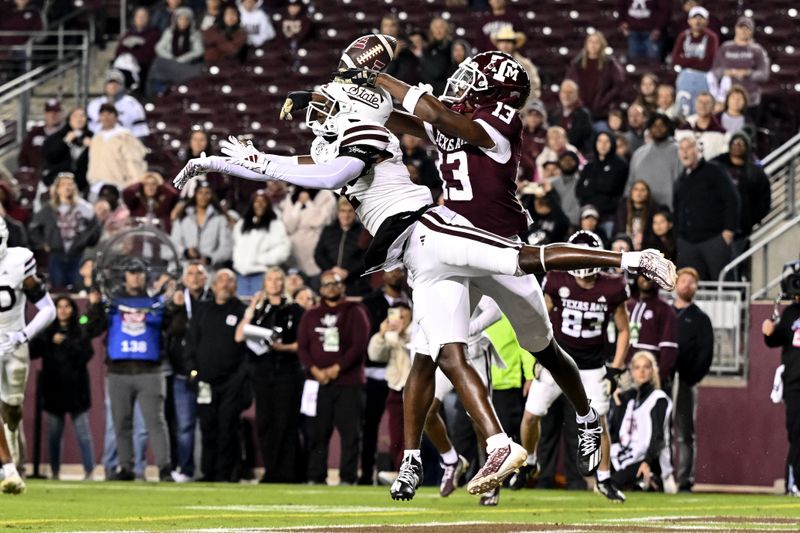 Nov 11, 2023; College Station, Texas, USA; Mississippi State Bulldogs cornerback Esaias Furdge (2) breaks up a pass intended for Texas A&M Aggies wide receiver Micah Tease (13) during the fourth quarter at Kyle Field. Mandatory Credit: Maria Lysaker-USA TODAY Sports