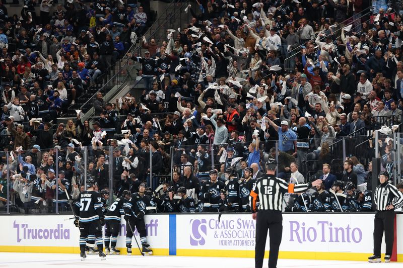 Nov 22, 2025; Salt Lake City, Utah, USA; The Utah Mammoth celebrate a goal by right wing Clayton Keller (9) against the New York Rangers after an official review during the second period at Delta Center. Mandatory Credit: Rob Gray-Imagn Images