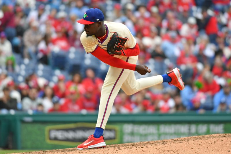 Apr 21, 2024; Philadelphia, Pennsylvania, USA; Philadelphia Phillies pitcher Yunior Marte (43) follows through on a pitch during the ninth inning against the Chicago White Sox at Citizens Bank Park. Mandatory Credit: Eric Hartline-USA TODAY Sports
