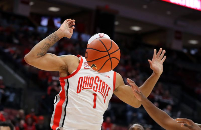 Jan 20, 2024; Columbus, Ohio, USA;  Ohio State Buckeyes guard Roddy Gayle Jr. (1) loses the ball during the second half against the Penn State Nittany Lions at Value City Arena. Mandatory Credit: Joseph Maiorana-USA TODAY Sports