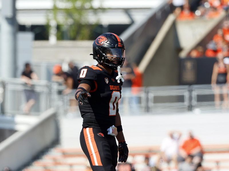 Sep 16, 2023; Corvallis, Oregon, USA; Oregon State Beavers defensive back Akili Arnold (0) gestures during the second half against the San Diego State Aztecs at Reser Stadium. Mandatory Credit: Soobum Im-USA TODAY Sports