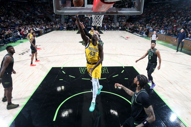 NEW ORLEANS, LA - MARCH 1:  Pascal Siakam #43 of the Indiana Pacers drives to the basket during the game against the New Orleans Pelicans on March 1, 2024 at the Smoothie King Center in New Orleans, Louisiana. NOTE TO USER: User expressly acknowledges and agrees that, by downloading and or using this Photograph, user is consenting to the terms and conditions of the Getty Images License Agreement. Mandatory Copyright Notice: Copyright 2024 NBAE (Photo by Layne Murdoch Jr./NBAE via Getty Images)