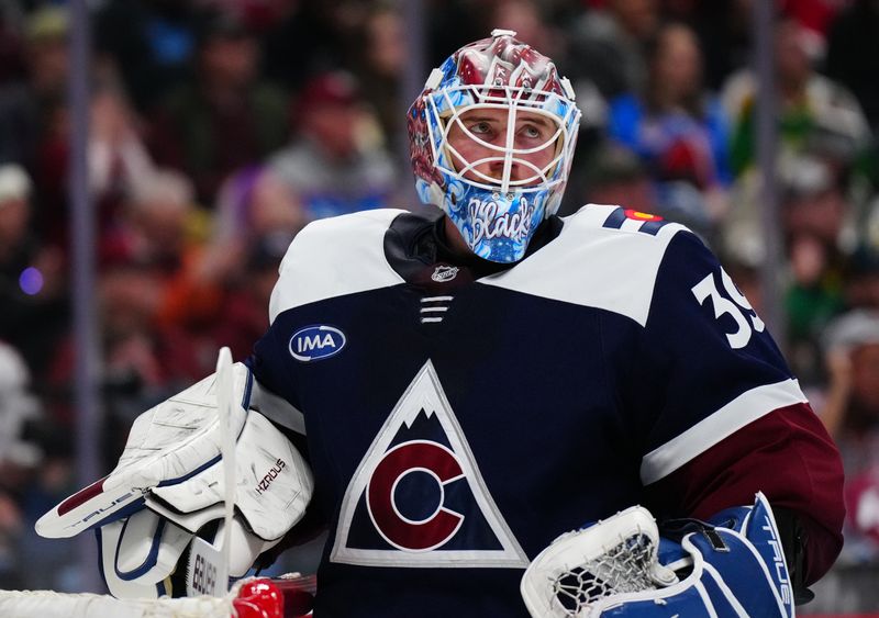 Feb 28, 2025; Denver, Colorado, USA; Colorado Avalanche goaltender Mackenzie Blackwood (39) during the third period against the Minnesota Wild at Ball Arena. Mandatory Credit: Ron Chenoy-Imagn Images